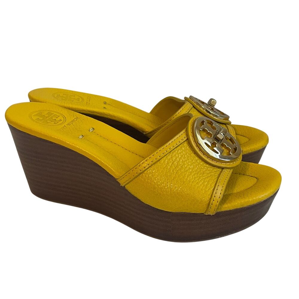 Tory Burch Yellow Leather Wedge Slide Sandals with Gold Logo